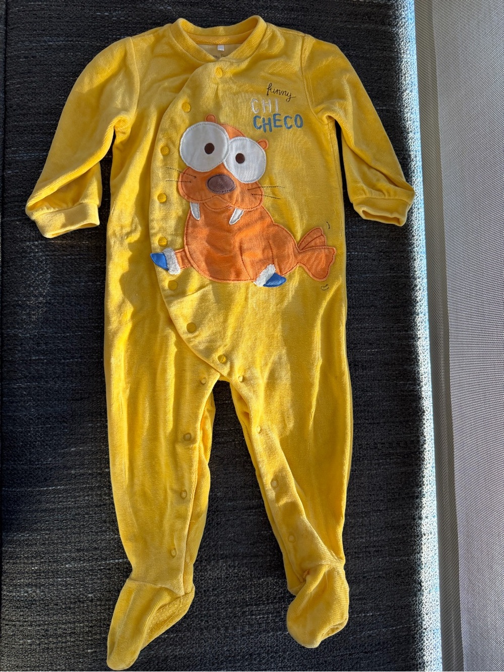 My First Chicco Yellow Footed Baby One-Piece with Orange Walrus Applique